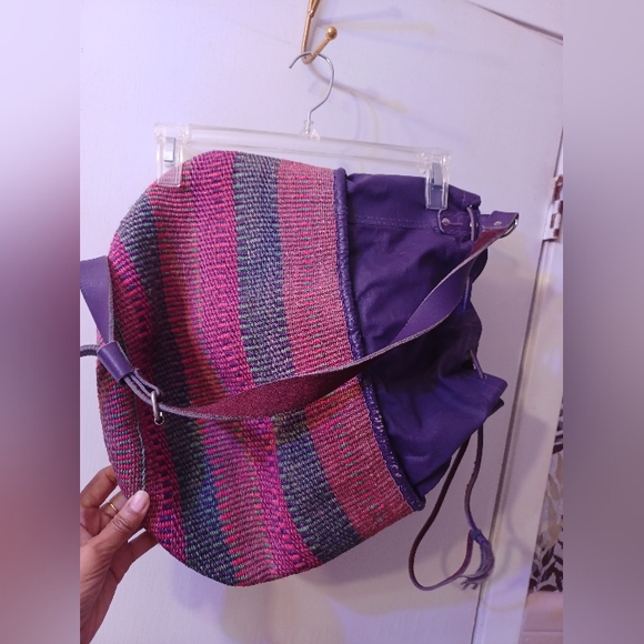 Colorful "Why Not" Purple Leather & Multi-color Woven Hemp Drawstring Bucket Bag - Picture 5 of 9